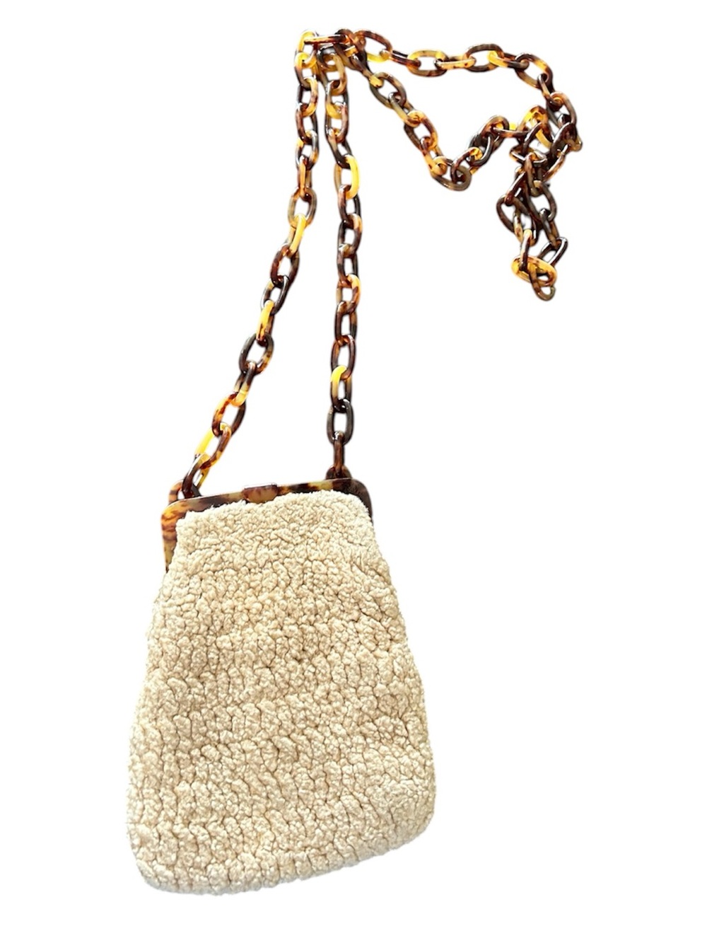 Carrie Forbes vintage woven cream shoulder bag with tortoise chain and closure